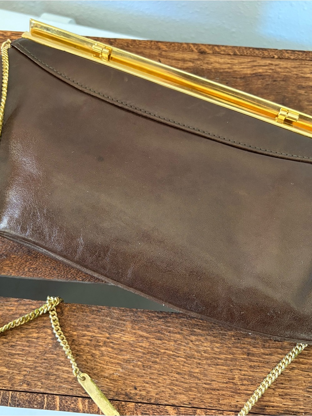 Vintage Sambena brown leather gold chain kiss lock clutch or shoulder bag